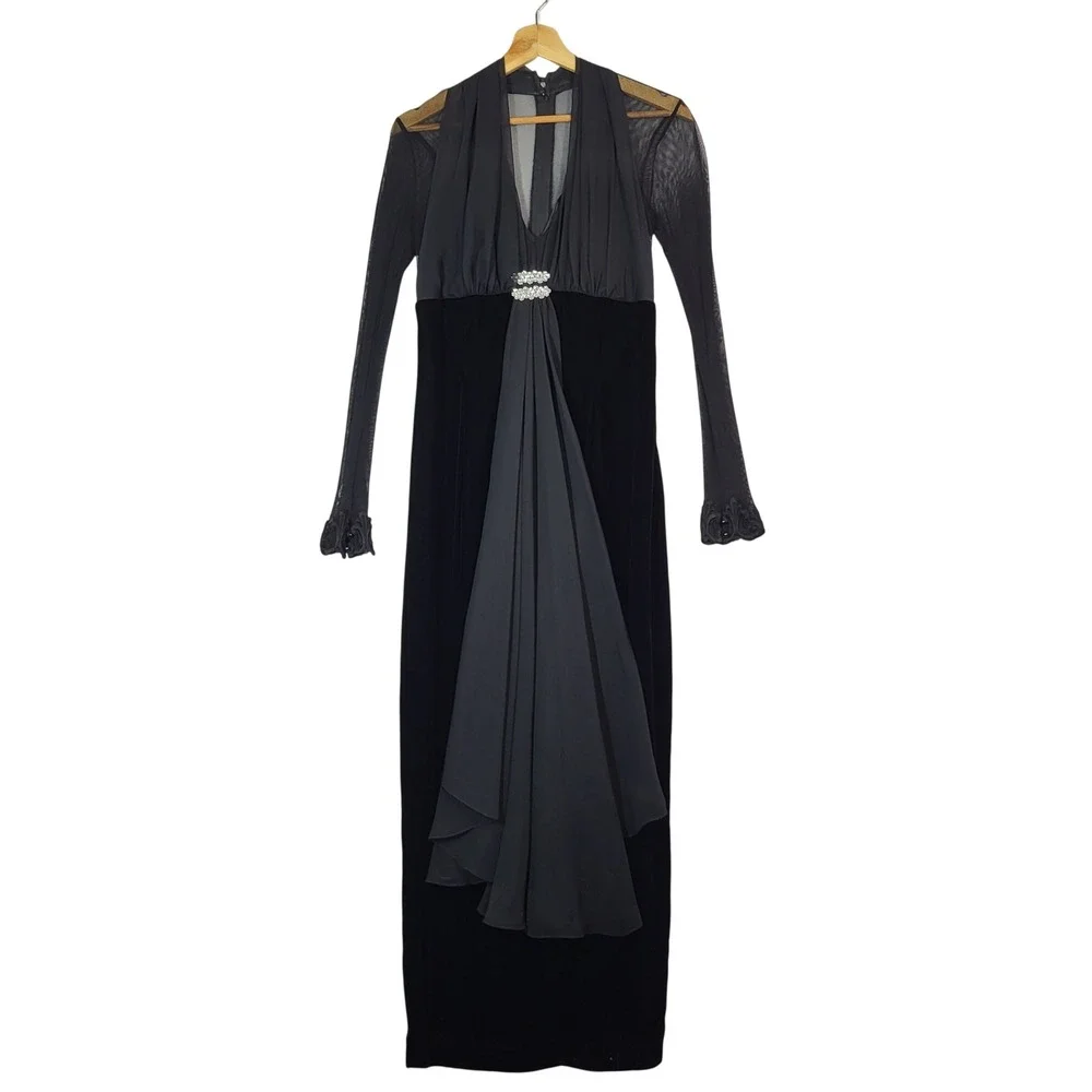 Vintage 90s Jessica McClintock Black Velvet Rhinestone Formal Gown Size 12 USA‎